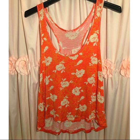 Orange Flowy Floral Tank Top ~ White Flowers with Small Yellow Polka Dots - Picture 1 of 8
